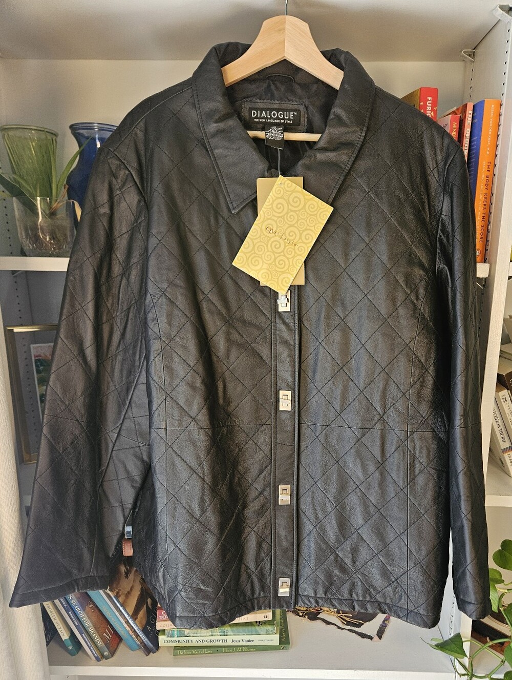 NWT Vintage Dialogue Black Quilted Leather Jacket Size 1X Boxy Fall Winter Moto